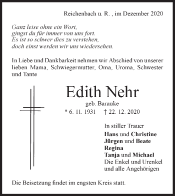 Traueranzeige von Edith Nehr von NWZ Neue Württembergische Zeitung