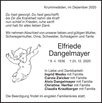 Traueranzeige von Elfriede Dangelmayer von NWZ Neue Württembergische Zeitung