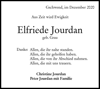 Traueranzeige von Elfriede Jourdan von Rundschau Gaildorf