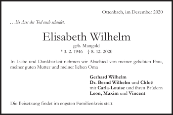 Traueranzeige von Elisabeth Wilhelm von NWZ Neue Württembergische Zeitung