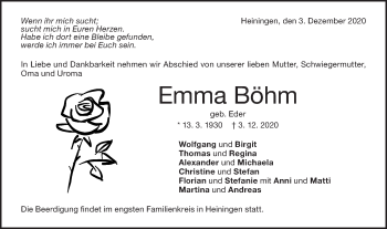 Traueranzeige von Emma Böhm von NWZ Neue Württembergische Zeitung