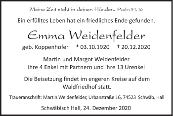 Traueranzeige von Emma Weidenfelder von Haller Tagblatt