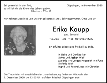 Traueranzeige von Erika Kaupp von NWZ Neue Württembergische Zeitung