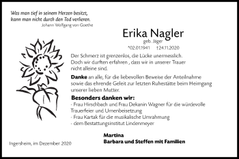 Traueranzeige von Erika Nagler von Hohenloher Tagblatt