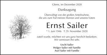 Traueranzeige von Ernst Sailer von Metzinger-Uracher Volksblatt