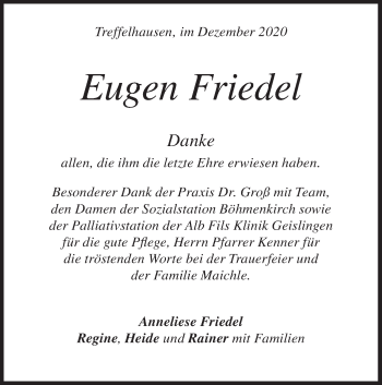 Traueranzeige von Eugen Friedel von Geislinger Zeitung