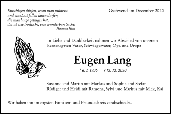 Traueranzeige von Eugen Lang von Rundschau Gaildorf