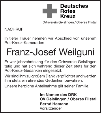 Traueranzeige von Franz-Josef Weilguni von Geislinger Zeitung