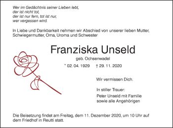 Traueranzeige von Franziska Unseld von SÜDWEST PRESSE Ausgabe Ulm/Neu-Ulm