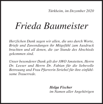 Traueranzeige von Frieda Baumeister von Geislinger Zeitung