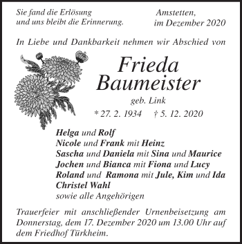 Traueranzeige von Frieda Baumeister von Geislinger Zeitung