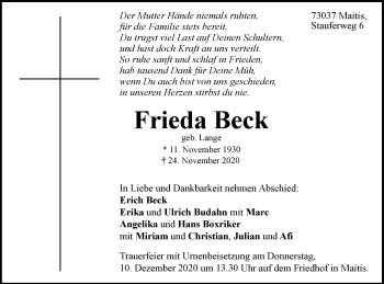 Traueranzeige von Frieda Beck von NWZ Neue Württembergische Zeitung