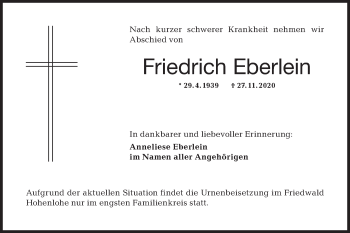 Traueranzeige von Friedrich Eberlein von Hohenloher Tagblatt