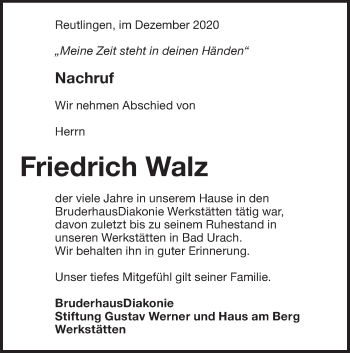 Traueranzeige von Friedrich Walz von Metzinger-Uracher Volksblatt