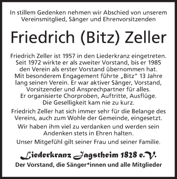 Traueranzeige von Friedrich Zeller von Hohenloher Tagblatt