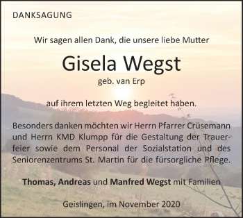 Traueranzeige von Gisela Wegst von Geislinger Zeitung