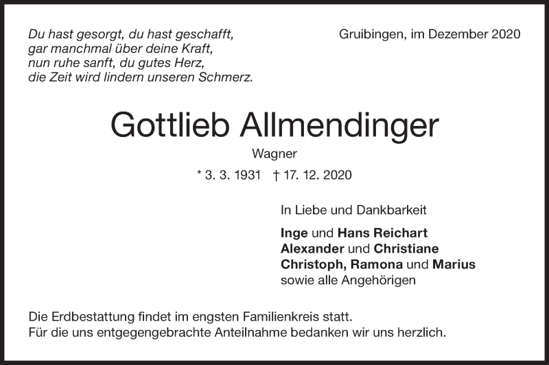  Traueranzeige für Gottlieb Allmendinger vom 22.12.2020 aus NWZ Neue Württembergische Zeitung