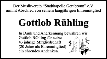 Traueranzeige von Gottlob Rühling von Hohenloher Tagblatt