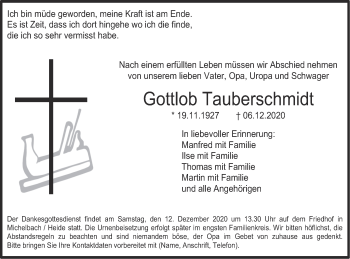 Traueranzeige von Gottlob Tauberschmidt von Hohenloher Tagblatt