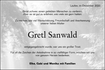 Traueranzeige von Gretl Sanwald von Rundschau Gaildorf