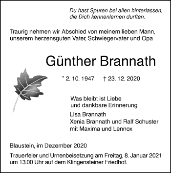 Traueranzeige von Günther Brannath von SÜDWEST PRESSE Ausgabe Ulm/Neu-Ulm