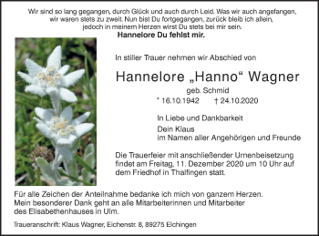 Traueranzeige von Hannelore Wagner von SÜDWEST PRESSE Ausgabe Ulm/Neu-Ulm