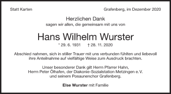 Traueranzeige von Hans Wilhelm Wurster von Metzinger-Uracher Volksblatt