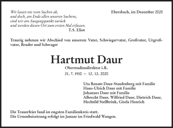 Traueranzeige von Hartmut Daur von NWZ Neue Württembergische Zeitung