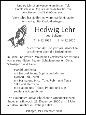 Traueranzeige von Hedwig Lehr von Haller Tagblatt