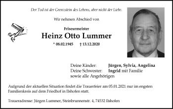 Traueranzeige von Heinz Otto Lummer von Haller Tagblatt