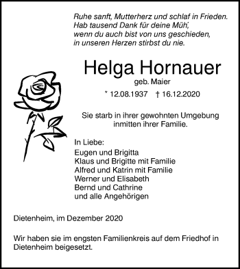 Traueranzeige von Helga Hornauer von Illertal Bote