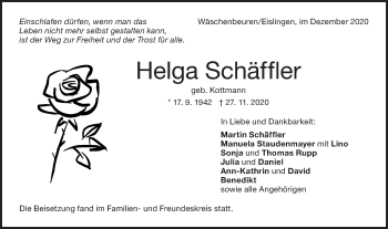 Traueranzeige von Helga Schäffler von NWZ Neue Württembergische Zeitung