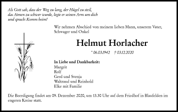 Traueranzeige von Helmut Horlacher von Hohenloher Tagblatt