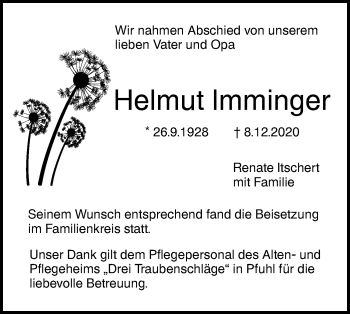 Traueranzeige von Helmut Imminger von SÜDWEST PRESSE Ausgabe Ulm/Neu-Ulm