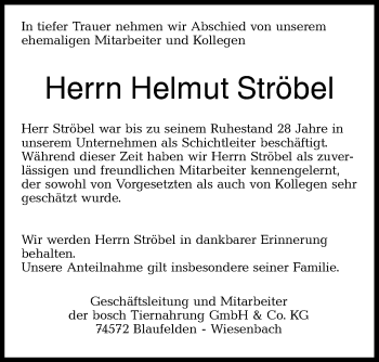 Traueranzeige von Helmut Ströbel von Hohenloher Tagblatt