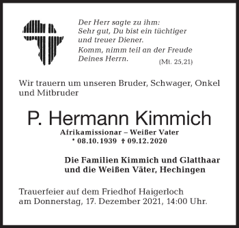 Traueranzeige von Hermann Kimmich von Hohenzollerische Zeitung