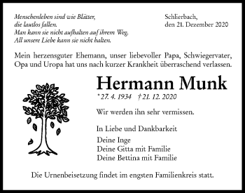 Traueranzeige von Hermann Munk von NWZ Neue Württembergische Zeitung