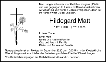 Traueranzeige von Hildegard Matt von SÜDWEST PRESSE Ausgabe Ulm/Neu-Ulm