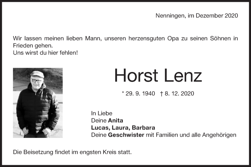  Traueranzeige für Horst Lenz vom 19.12.2020 aus NWZ Neue Württembergische Zeitung