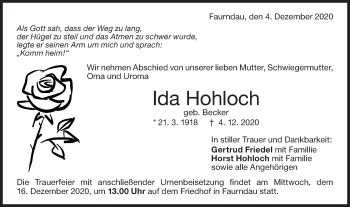 Traueranzeige von Ida Hohloch von NWZ Neue Württembergische Zeitung