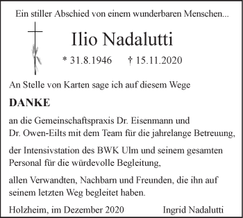 Traueranzeige von Ilio Nadalutti von SÜDWEST PRESSE Ausgabe Ulm/Neu-Ulm