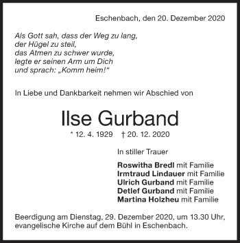 Traueranzeige von Ilse Gurband von NWZ Neue Württembergische Zeitung