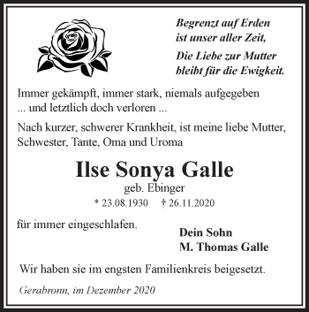 Traueranzeige von Ilse Sonya Galle von Hohenloher Tagblatt