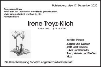 Traueranzeige von Irene Treyz-Klich von Rundschau Gaildorf