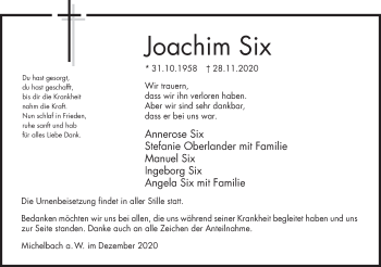 Traueranzeige von Joachim Six von Haller Tagblatt