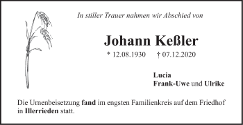 Traueranzeige von Johann Keßler von SÜDWEST PRESSE Ausgabe Ulm/Neu-Ulm