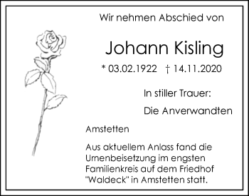 Traueranzeige von Johann Kisling von Geislinger Zeitung