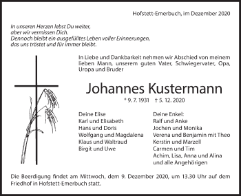 Traueranzeige von Johannes Kustermann von Geislinger Zeitung