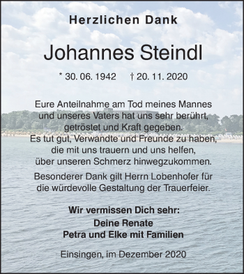 Traueranzeige von Johannes Steindl von SÜDWEST PRESSE Ausgabe Ulm/Neu-Ulm