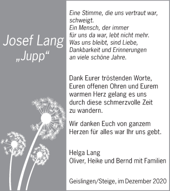 Traueranzeige von Josef Lang von Geislinger Zeitung